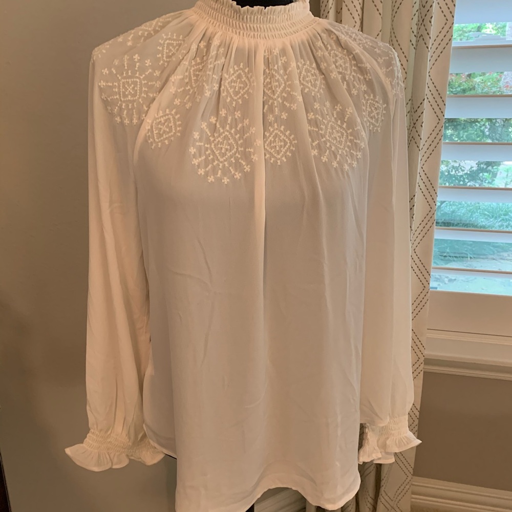 LOFT Embroidered Ruffle Neck LS EUC MP